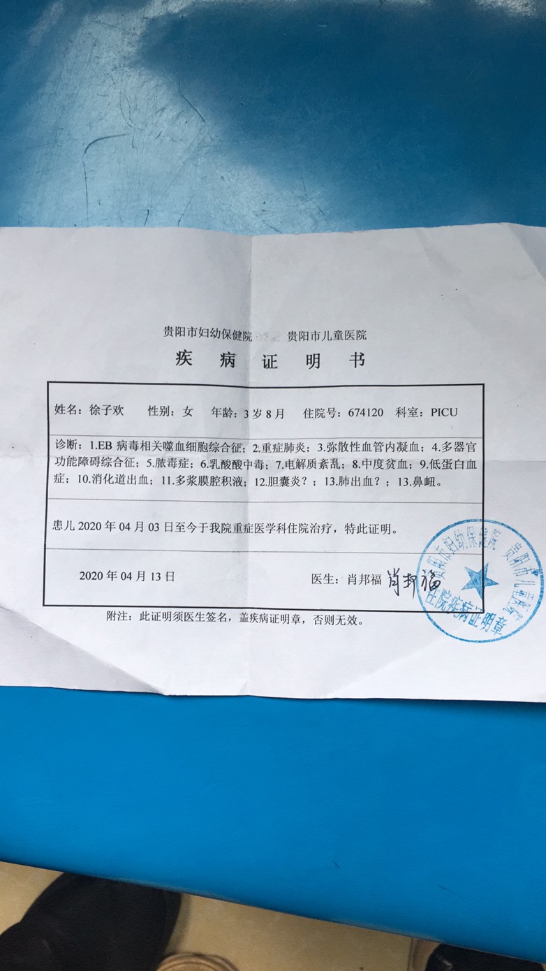 身份证已审核 所患疾病:嗜血细胞综合征 诊断证明已审核 诊断医院